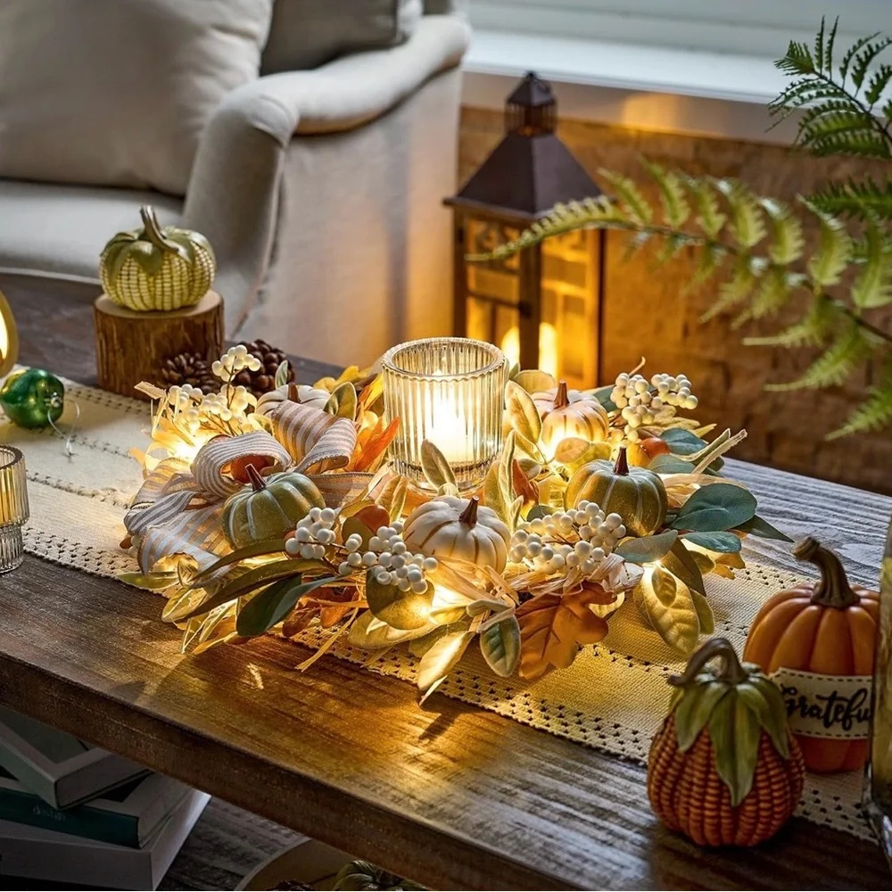 Valery Madelyn Fall Farmhouse Autumn Wreath Centerpiece with lights 12” across F